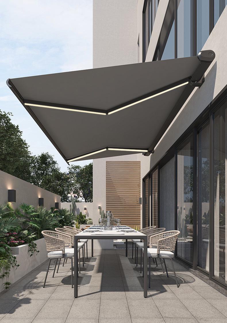 Retractable awning shading a modern residential patio